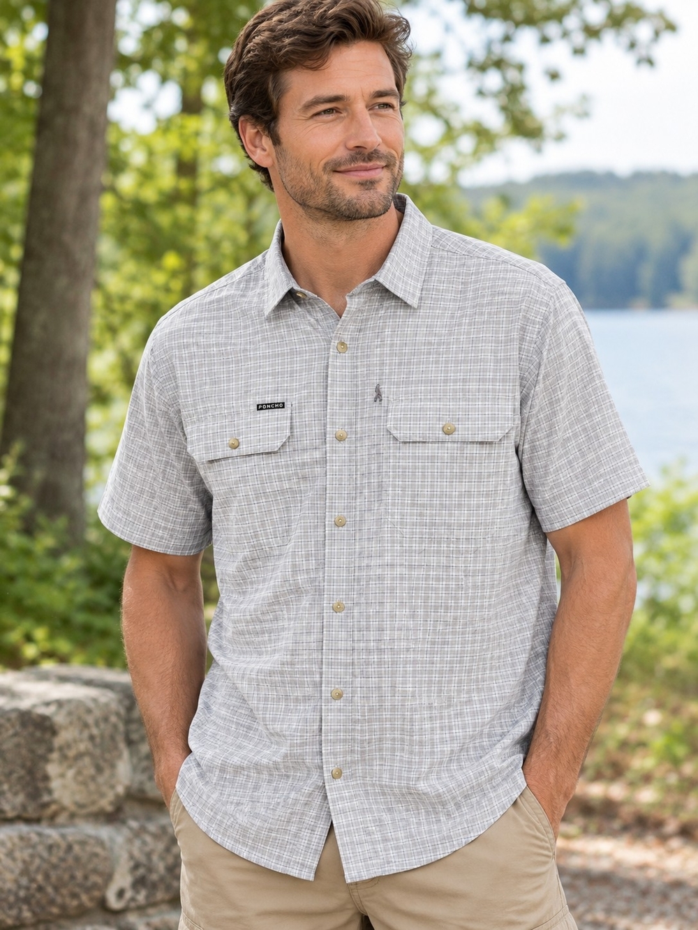 Poncho Outdoors The Overcast Performance Plaid Fishing Shirt Short Sleeve Size M